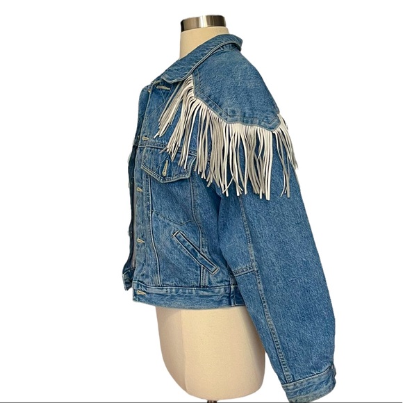 Get Used by Blue Jean Jacket White Fringe Details Size Small Blue in Color - Picture 4 of 5